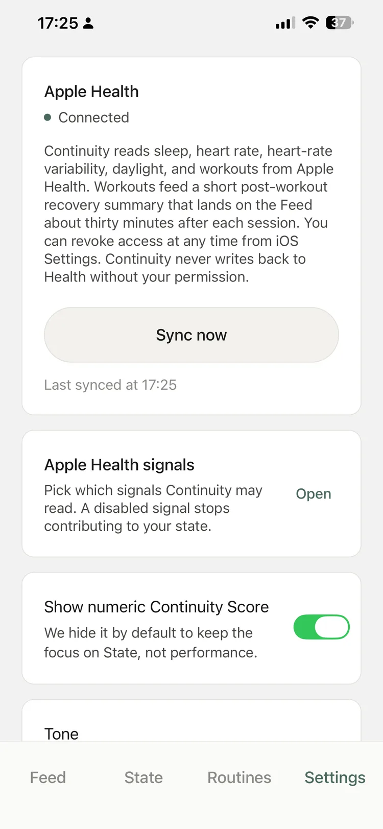 Continuity settings – Apple Health connected, read-only, revocable at any time