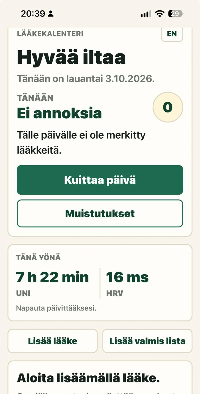 Lääkekalenterin päivänäkymä